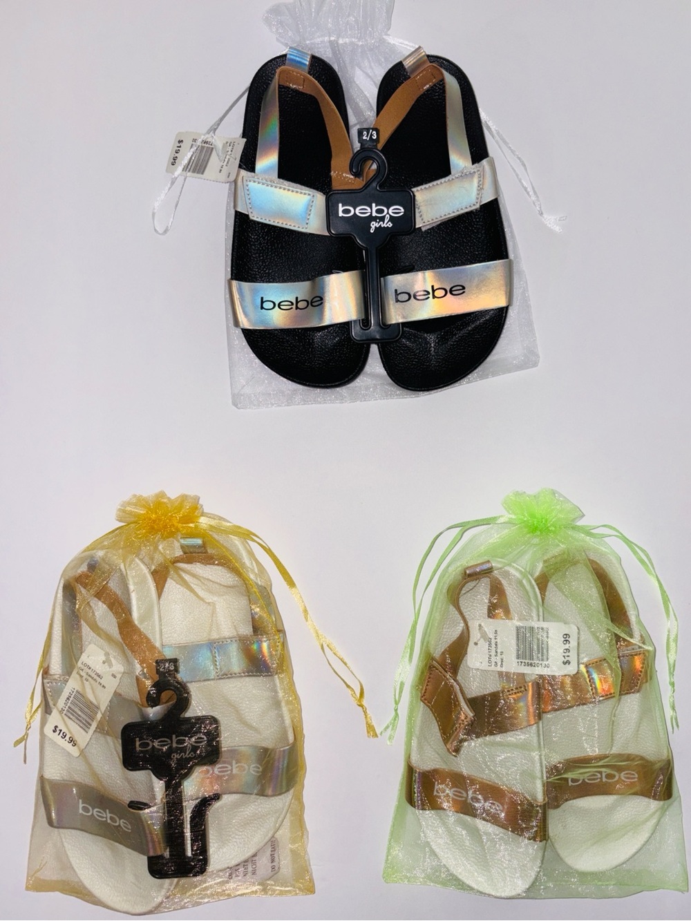 3 Pairs - Girls bebe 
 Iridescent Strap Sandals